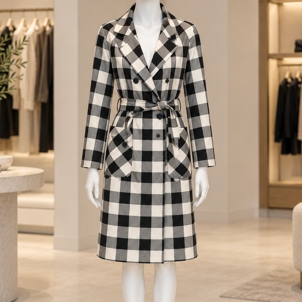 Loup Womens Trench Coat Black White Buffalo Check Belted Double Breasted Medium